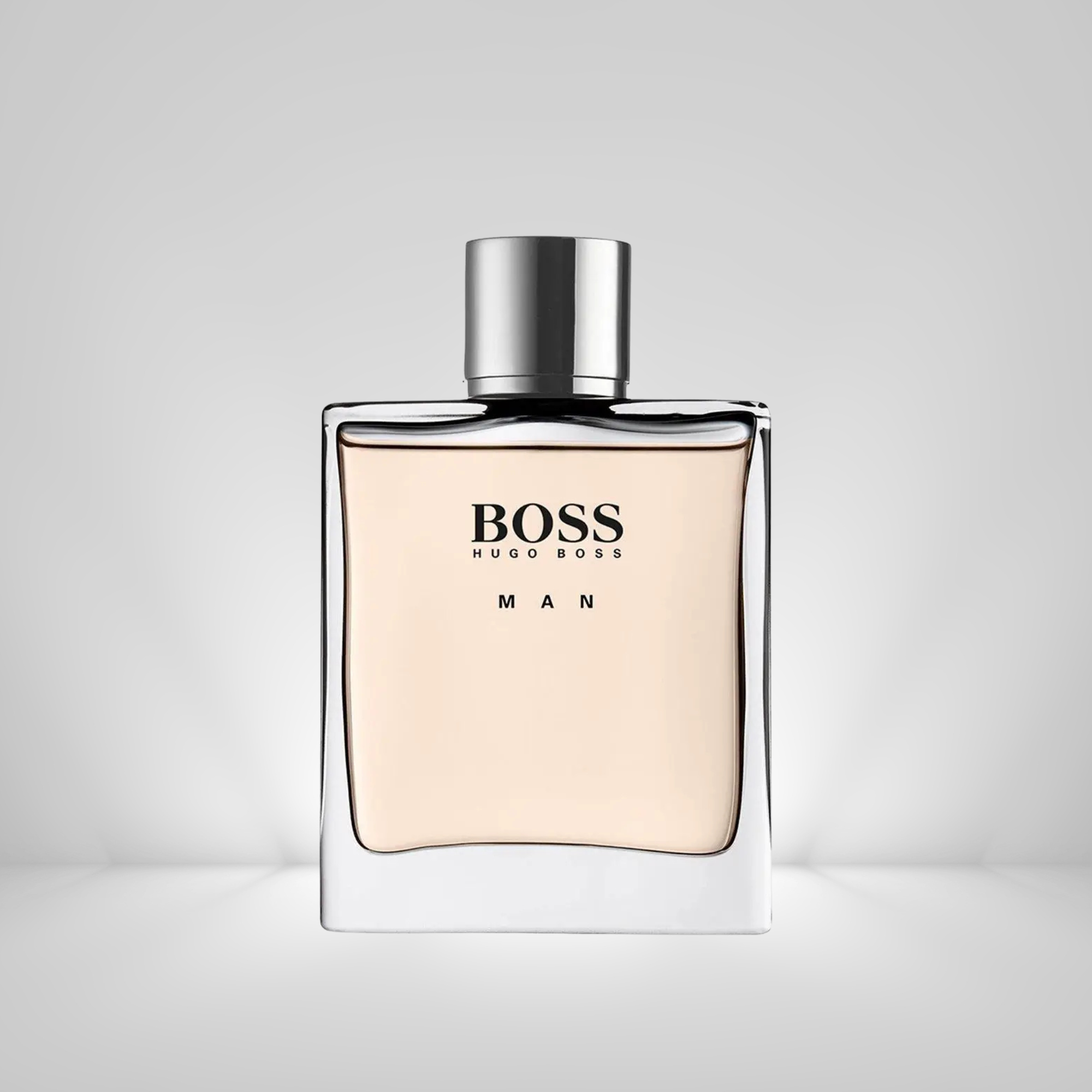Hugo Boss Man perfume bottle on a light gray background
