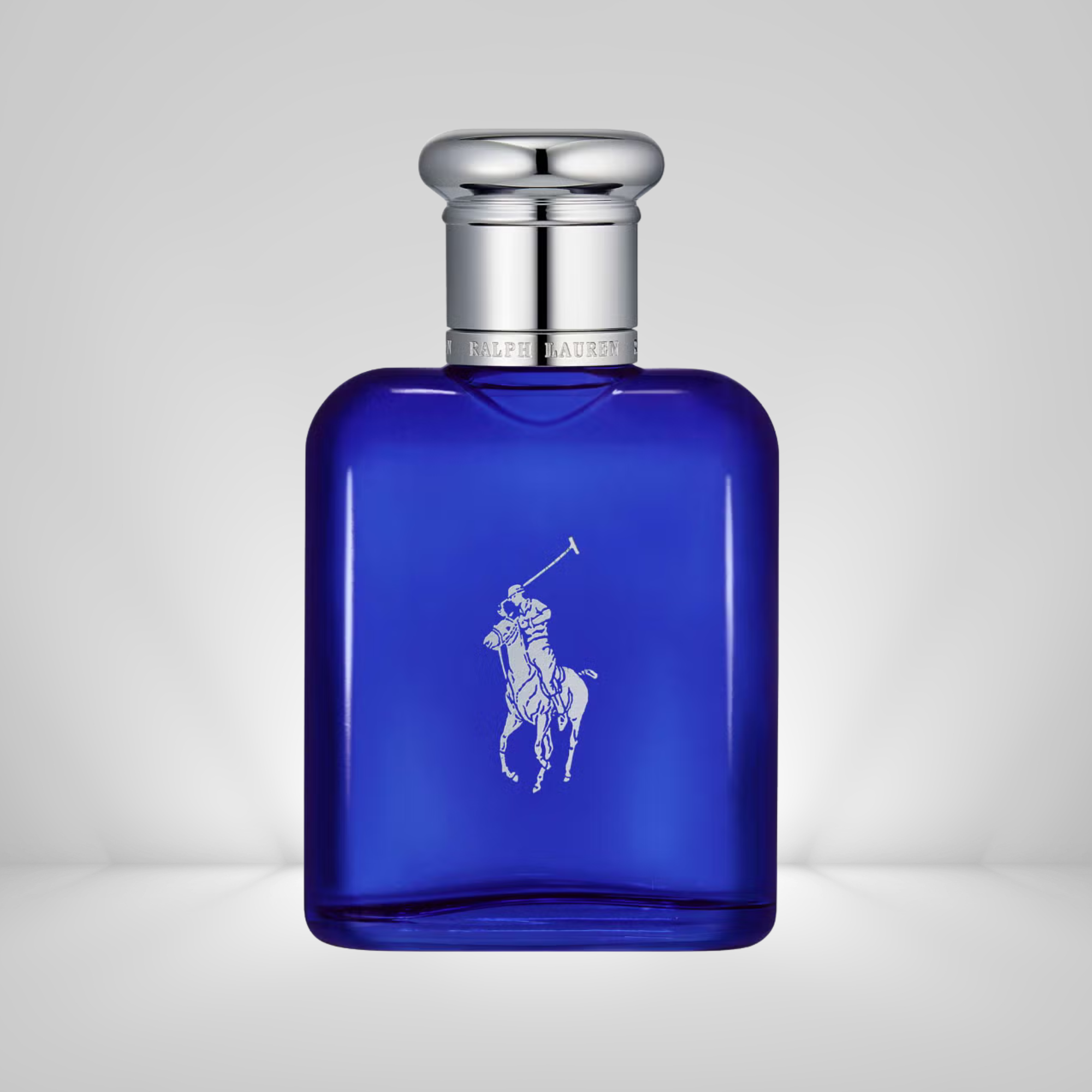 Blue Ralph Lauren perfume bottle with silver cap on a light gray background
