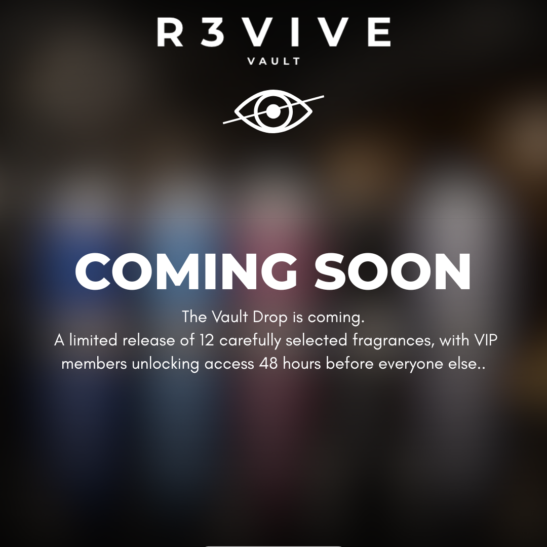 R3VIVE Vault April 2026 fragrance drop coming soon announcement - limited release of 12 curated fragrances with VIP early access