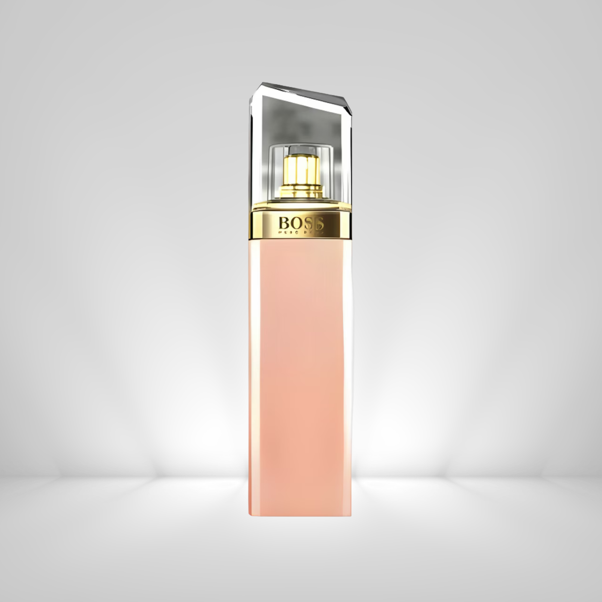 Hugo Boss Ma Vie Pour Femme Eau de Toilette Pink perfume bottle with gold cap on a light gray background