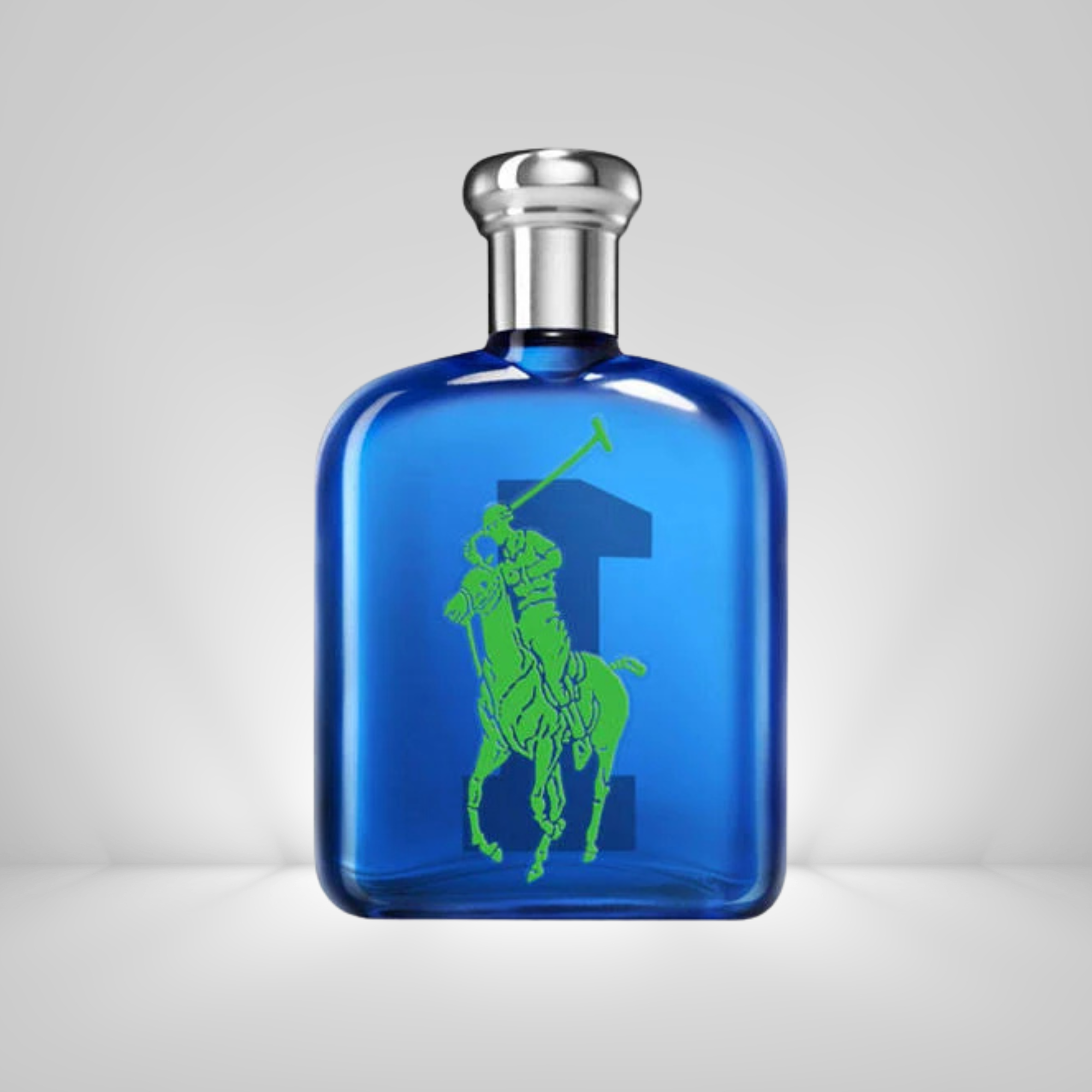 Blue Ralph Lauren Polo big pony 1 bottle with green logo on a light gray background